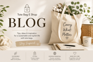 Minimalist blog banner for Tote Bag E Shop featuring a stylish canvas tote bag with “Carry What Matters” text, natural decor, and a clean modern layout promoting sustainable and fashionable tote bag lifestyle tips.